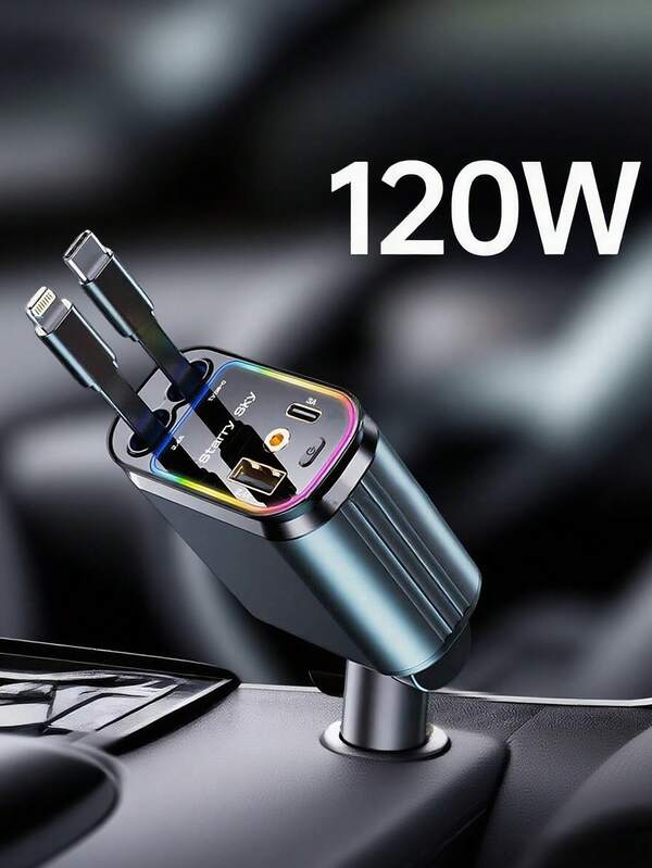 Teckwe 1pc Car Charger Supports Super Fast Charging, Retractable 4-In-1 Cigarette Lighter Charger