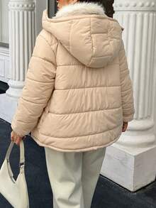 Easura 连帽毛领拼布拉链抽绳常规棉服 - 卡其色 - 查看 2