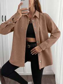 EURMUSE Solid Color , Rhinestone Details, Over Shirt Jacket - Camel - View 4