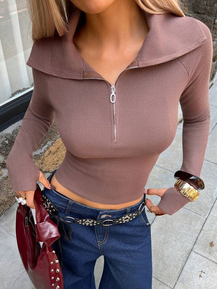 Women's Solid Color Half Zip Slim Fit Casual Long Sleeve Pullover Sweater