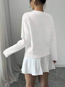 Elenzga Suéter de cuello redondo para mujer con estampado floral y unicolor - Blanco - Ver 2