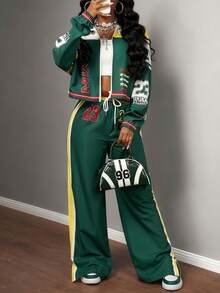 Slaydiva New Autumn/Winter Women's Back To School Outfit, Casual Business Streetwear, Retro College Style Jacket With Stand Collar Front Zipper Long Sleeve Cropped Top + Straight Leg Wide Pants With Slit Hem, Military Green Patchwork White Yellow Printed Logo, 2 Piece Set - Multicolor - View 2