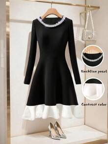 GlowEve Vestido de fiesta elegante para mujer con decoración de cuentas, contraste de colores y volantes en el bajo de longitud media - Blanco y Negro - Ver 1