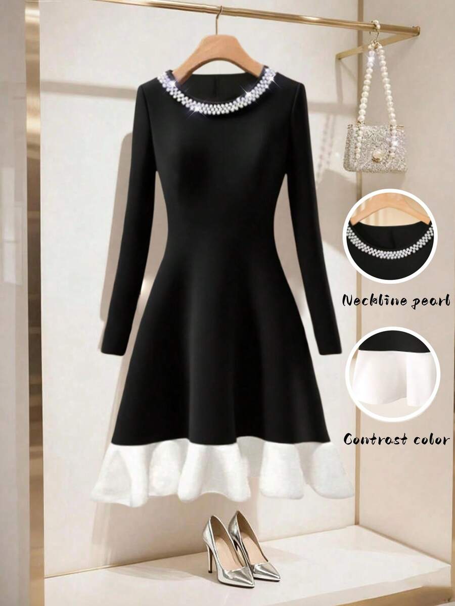 GlowEve Vestido de fiesta elegante para mujer con decoración de cuentas, contraste de colores y volantes en el bajo de longitud media - Blanco y Negro - Ver 1