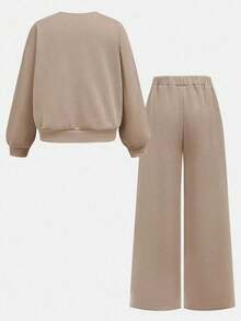 SHEIN 少女宽松休闲爱心印花简约舒适圆领长袖卫衣和裤子套装 - 杏色 - 查看 2