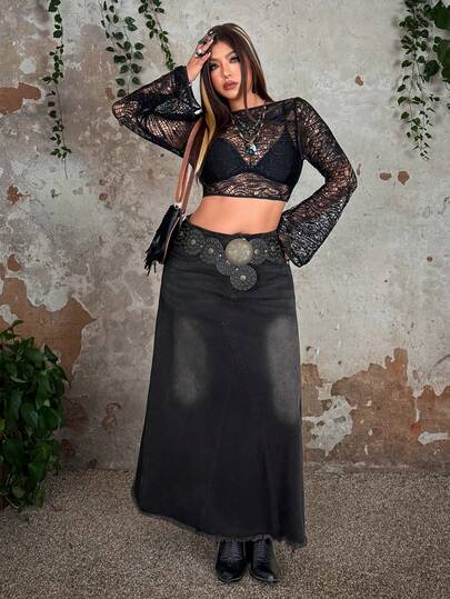 Whyspr 垃圾朋克骷髅头加大码女式口袋磨损下摆长款休闲半身裙