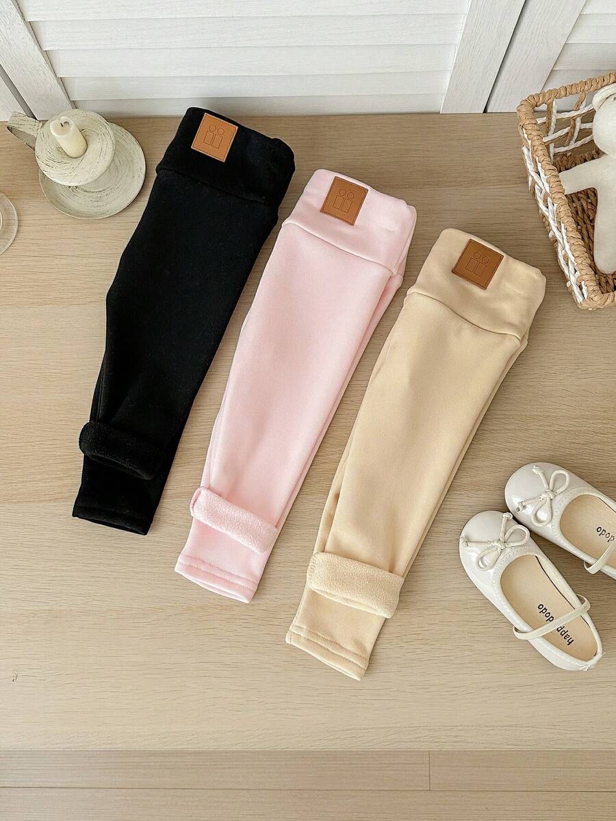 SHEIN LMoss Kids LMoss 3件套女婴秋冬加厚保暖内衬打底裤(黑色、灰色和杏色)。买1送3,百搭休闲保暖内衬裤 - 彩色 - 查看 1