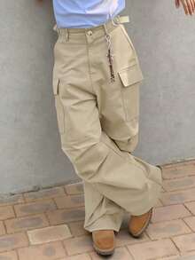 Manfinity Roghcode 男士卡其色多口袋工装裤，工装裤，宽松裤，街头服饰，百搭双褶可调节直筒休闲裤，男士工装裤，实用裤，卡其色工装裤，男士工装裤 - 卡其色 - 查看 3