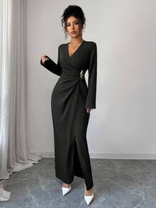 Elenzga 女式纯色长袖褶皱设计金属装饰优雅连衣裙 - 黑色 - 查看 5