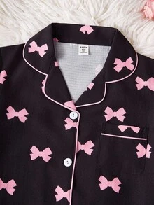 SHEIN Genkimix Kids Tween Girls' Apricot Cute Cherry Print Long Pants And Short Sleeve Casual Loose 2 Pieces Pajama Set - Black - View 8