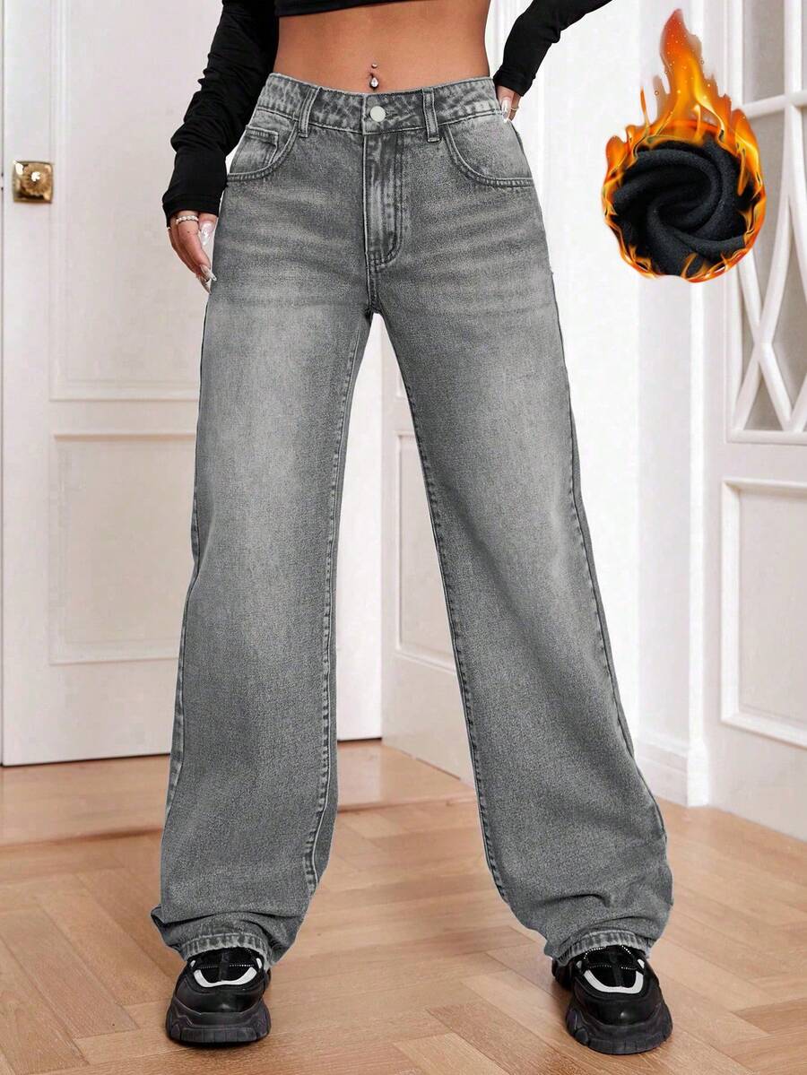 SHEIN EZwear 女式口袋保暖内衬直筒宽松休闲牛仔裤 - 淺灰色 - 查看 1