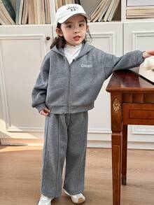 Genkimix Kids Young Girl Letter Print Zip-Up Hoodie And Sweatpants Casual Set, Autumn - Grey - View 6
