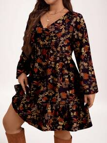 EMERY ROSE Plus Size Women V-Neck Long Sleeve Floral Print Casual Vintage Dress, Autumn/Winter Autumn Dress Long Sleeve Summer Dresses Plus Boho Dress Fall Dress New Year Party - Multicolor - View 3