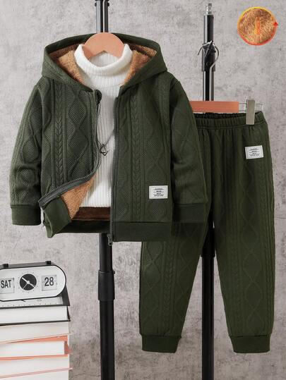 2pcs/Set Young Boy Casual Plain Long Sleeve Thermal Lined Zip-Up Jacket And Pants Set, Suitable For Everyday Casual Outdoor Wear, Autumn/Winter