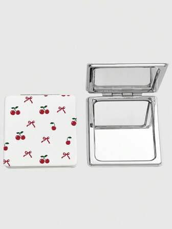 Kawaii 1pc Pink Bow & Heart Print Square Makeup Mirror, Portable Hand Held Mirror For Girls (Pattern Placement Random)