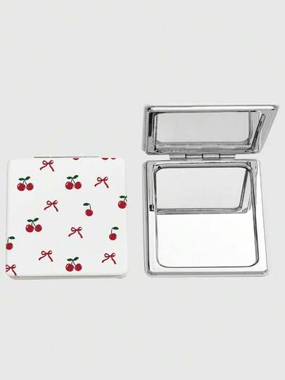 ROMWE Kawaii 1 pièce Miroir de maquillage carré avec imprimé nœud rose et cœur, miroir portable à main pour filles (placement du motif aléatoire)