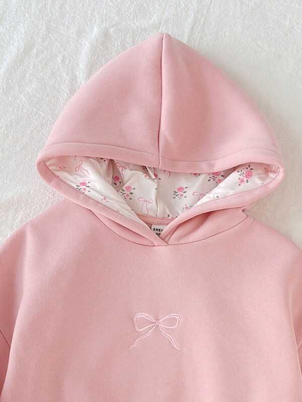SHEIN Tween Girl Casual Fashionable Cute Pink Bow Embroidered Hoodie Sweatshirt