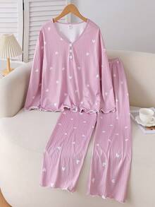 Sparklyn 2pcs Girls Ribbed Fabric Casual Comfortable Pajama Set, Long Pants And Long Sleeve Top - Pink - View 5