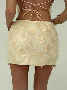 Aloruh Women's Low Waist Fitted Sequin Christmas & Halloween Party Mini Skirt, Autumn/Winter - Apricot - View 2