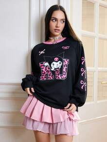 HELLO KITTY AND FRIENDS | SHEIN 女式休闲豹纹字母蝴蝶结印花圆领插肩袖运动衫，秋季 - 黑色 - 查看 3