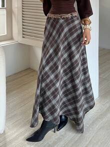 DAZY Women's Plaid A-Line Casual Skirt, Korean Style, Youthful Vibe - Blue - View 3