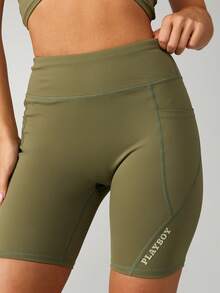 Missguided x Playboy High-Waisted Cycling Shorts With Logo Branding Athletic Bermuda Style Mid-Thigh Length Performance - Army Green - View 5
