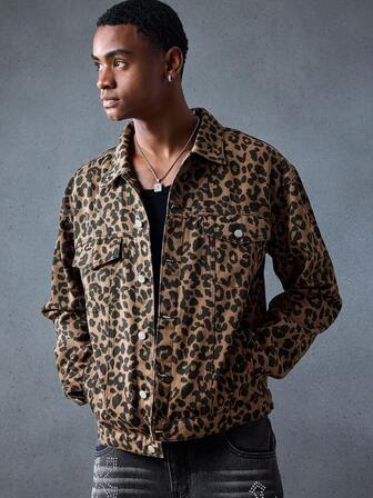 Street Life Giacca casual in denim monopetto con stampa leopardata da uomo