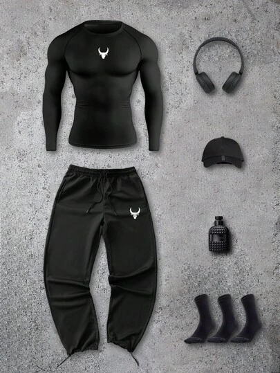 Manfinity Sport PWRUP 男式公牛印花插肩袖T恤和抽绳腰裤运动套装