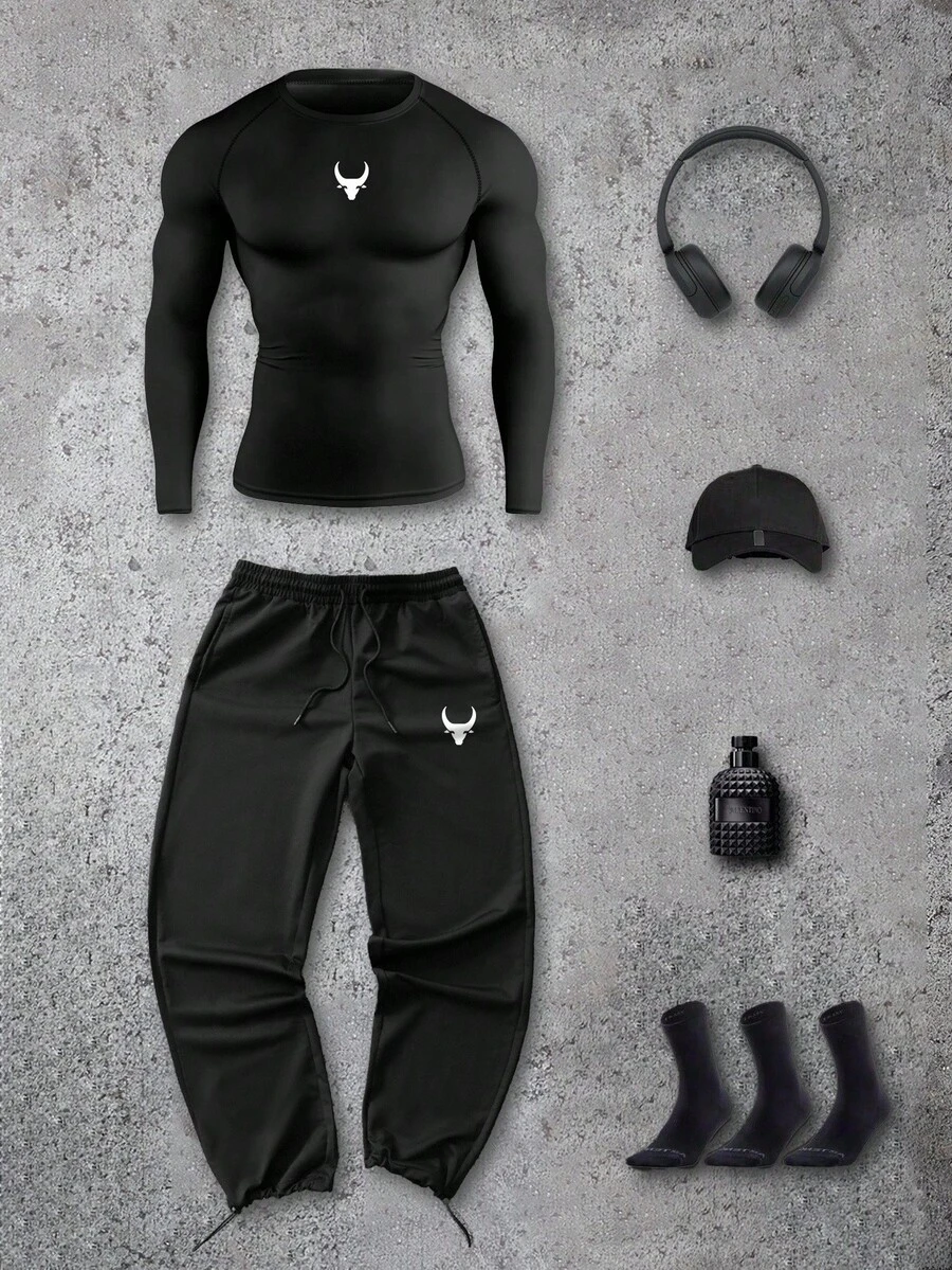 GymBeat 男式公牛印花插肩袖T恤和抽绳腰裤运动套装 - 黑色 - 查看 1