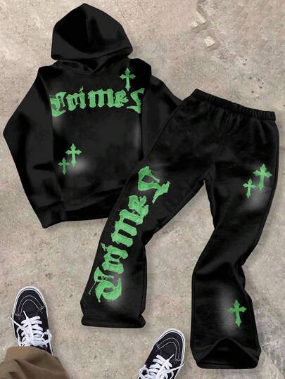 Tween Boy Autumn New Arrival, Casual Minimalist Style, Graffiti Handpainted Star & Letter Pattern, Sports & Streetwear Style, Y2K Oversized Hoodie & Flare Pants 2 Pieces Set, Suitable For Autumn/Winter