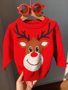 SHEIN 1pc Baby Boys/Girls Casual Loose Fit Crew Neck Long Sleeve Sweater, Suitable For Outings, School, Garden, Beach, Birthday, Baby Shower Party, Autumn/Winter - Red - View 6