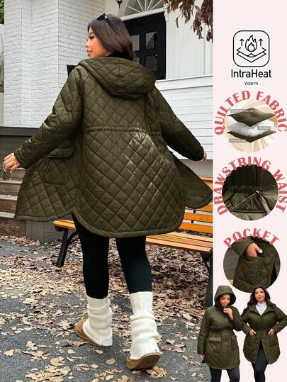 SHEIN EZwear Neue lässige Kapuzen-Steppjacke aus Verbundstoff, warm, verstellbare Taille, Langarm, mittellang, weite Passform, Parka-Jacke, Militärgrün, Große Größen