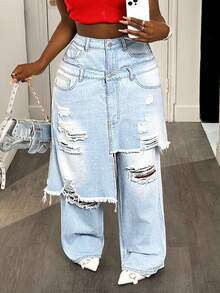 Slaydiva Quần jean denim 2 trong 1 dáng rộng, viền bất đối xứng, size lớn cho nữ - Rửa nhẹ - Xem 5