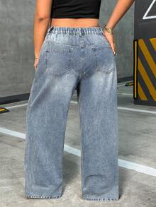 Selenza 女士水钻装饰宽松休闲阔腿牛仔裤 - 中等水洗藍 - 查看 2