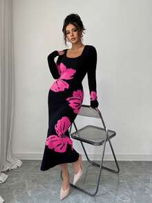 Elenzga Gaun Sweater Bodycon Rajut Jacquard Leher Persegi - Hot Pink - View 6