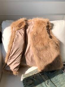Comfortcana 女士时尚无袖仿皮草背心，秋冬女士棕色背心无袖外套，女士仿皮草背心无袖皮草外套，棕色皮草背心，女士奢华服装，女士冬季服装 - 駝色 - 查看 6