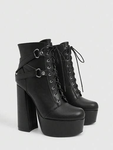 CUCCOO LuxiPop Women's Outdoor Round Toe Thick High Heel Waterproof Platform Black PU Fabric Buckle Strap Decor Fashion Comfortable Daily Party Banquet Side Zipper Boots