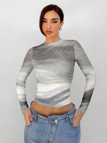 Aloruh Femmes Élégant Imprimé Floral Col Rond Manches Longues Polyvalent Automne/Hiver Sous-Vêtement Top T-Shirt - Gris - Voir 1