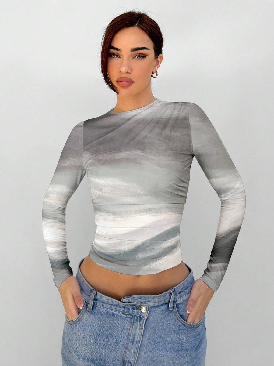 Aloruh Femmes Élégant Imprimé Floral Col Rond Manches Longues Polyvalent Automne/Hiver Sous-Vêtement Top T-Shirt - Gris - Voir 1