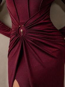 Modelyn Women's Solid Color Stand Collar Long Sleeve Ruched Side Slit Hem Dress - Burgundy - View 7