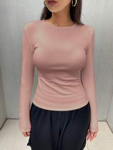 FRIFUL Áo thun nữ cổ tròn tay dài màu trơn có lót nhiệt, mùa đông - Hồng - Xem 4