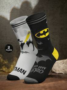 BATMAN X SHEIN 2 双柔软透气吸湿排汗休闲中筒袜，带蝙蝠图案，时尚酷灰色和背面中筒袜，加固脚趾和脚跟，经久耐用，男女通用，四季百搭夏冬图案袜子