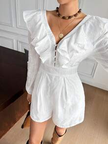 SHEIN Frenchy Salopetă casual pentru femei cu tiv cu volane, mâneci tip felinar și design cu nasturi