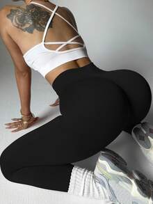 Slayform 2 chiếc quần legging thể thao cạp cao liền mạch màu trơn cho nữ - màu đen - Xem 5