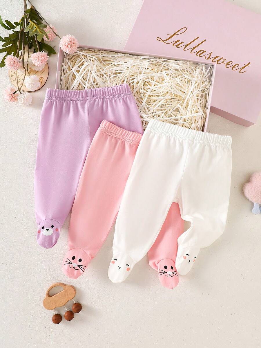 SHEIN Newborn Baby Casual Cute Bear, Cat, Rabbit Footless Pants, Cotton - Multicolor - View 1