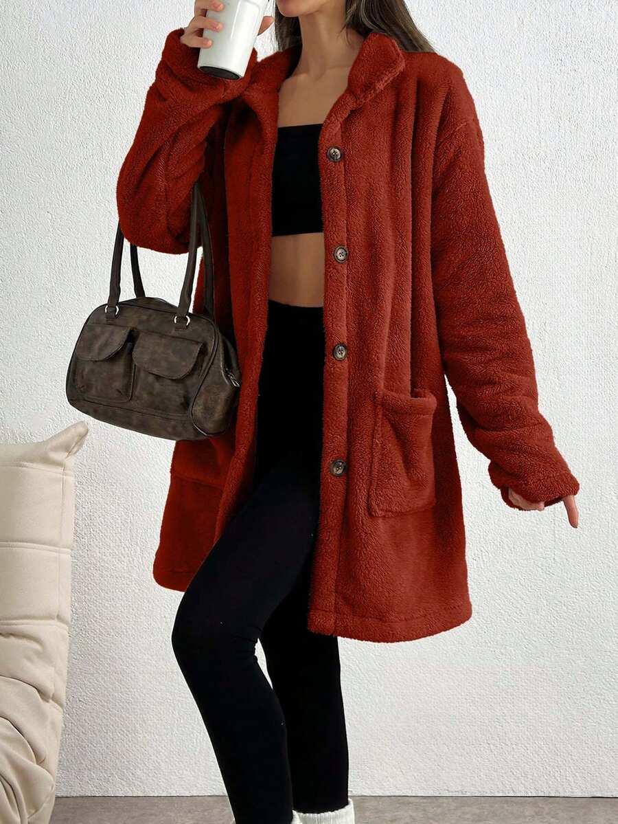 SHEIN Tall Front Pocket And Button Detailed Hooded Very Cozy And Soft Faux Fur Women Coat - Redwood - View 1