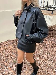 DAZY Chaqueta casual de mujer de manga larga regular con doble botonadura de unicolor en piel sintética (PU) - Negro - Ver 4