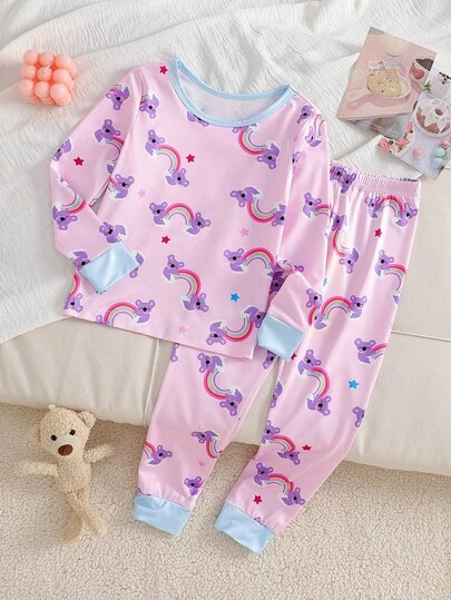 Genkimix Kids Conjunto de ropa de dormir ajustada para niña, estampado de koalas y arcoíris, con ribete de contraste colorido en los puños de las mangas y el cuello, top de manga larga y pantalones