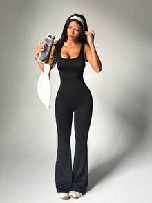 Dewbera 女士秋冬春款连体裤，黑色紧身U领，腰部修身拼接，后背U型网眼拼接，修身显高，遮盖腹部，喇叭裤腿，适合日常休闲穿着，跑步，瑜伽，健身，网球，高尔夫等活动