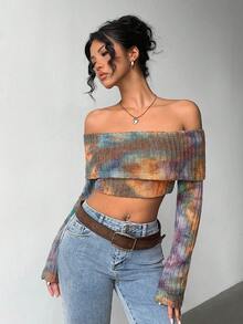 Jeanoix Women's Full Print Cropped Sexy Fashionable Long Sleeve Shoulder Top - Multicolor - View 5